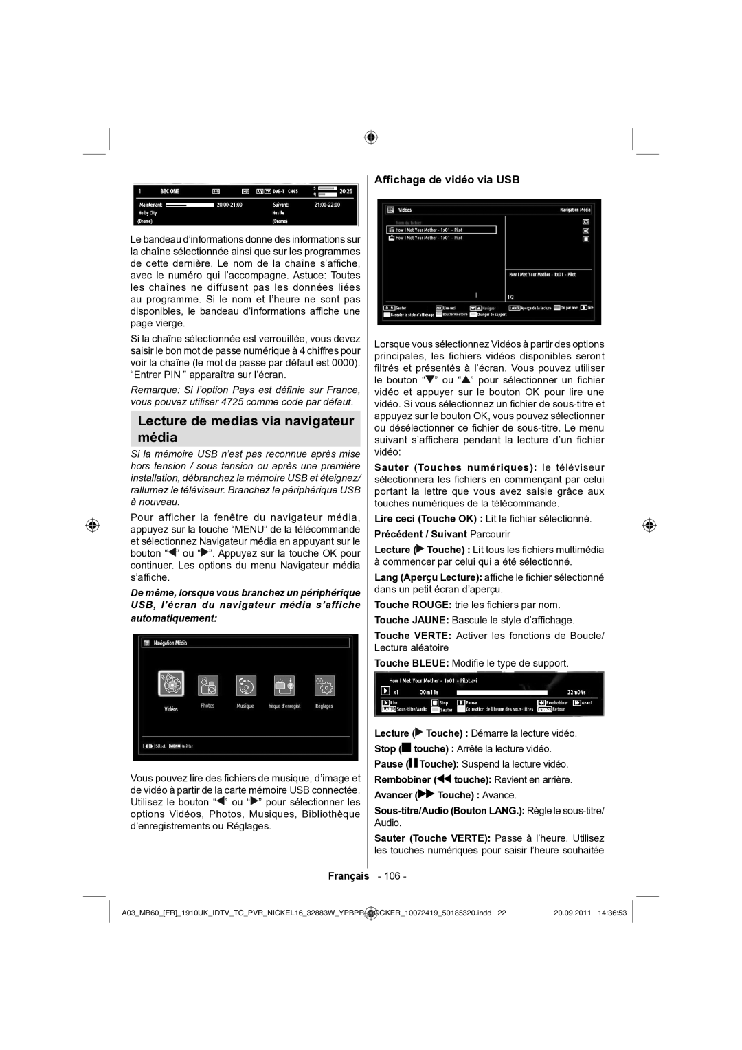 Sharp LC-32SH130E Lecture de medias via navigateur Média, Afﬁchage de vidéo via USB, Précédent / Suivant Parcourir 