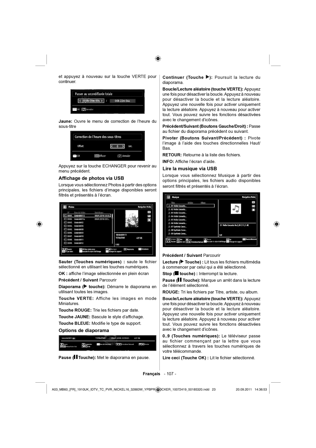 Sharp LC-32SH130E operation manual Afﬁchage de photos via USB, Options de diaporama, Lire la musique via USB 