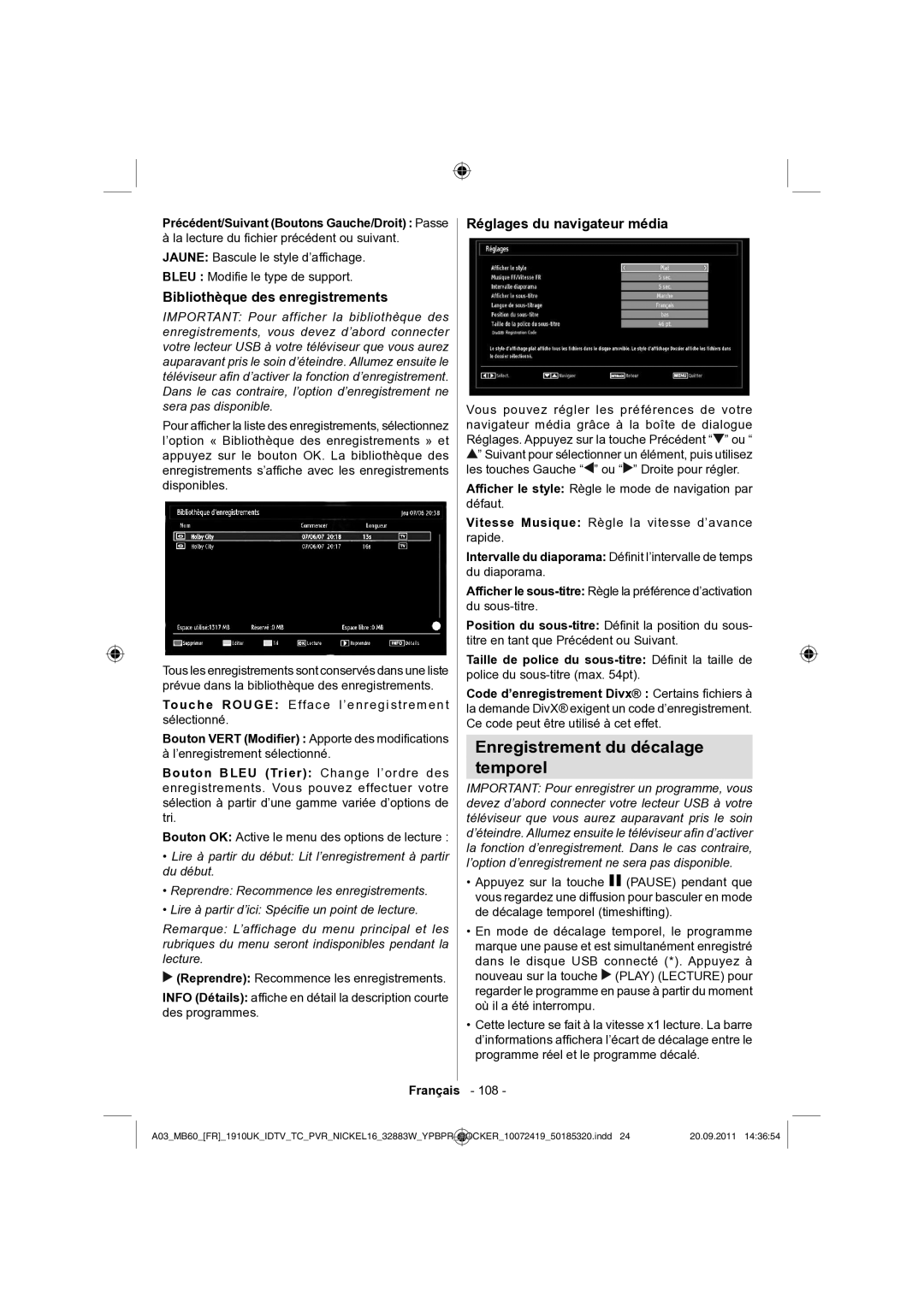 Sharp LC-32SH130E Enregistrement du décalage Temporel, Bibliothèque des enregistrements, Réglages du navigateur média 