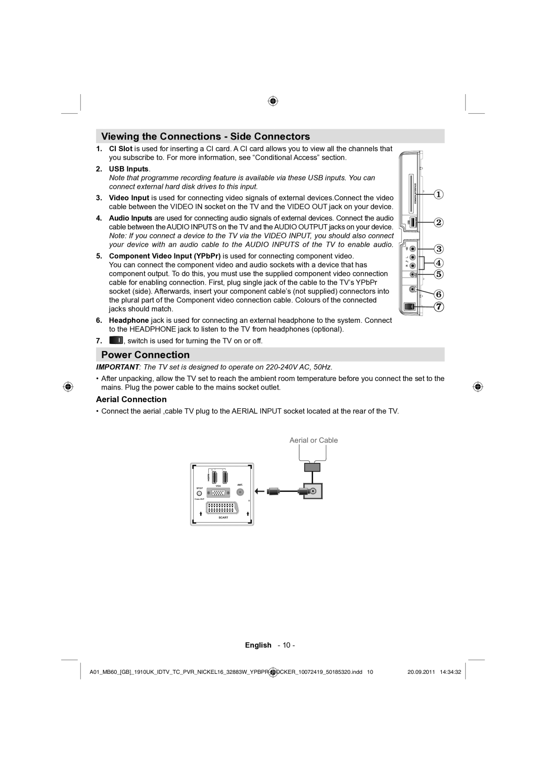 Sharp LC-32SH130E operation manual Viewing the Connections Side Connectors, Power Connection, Aerial Connection, USB Inputs 