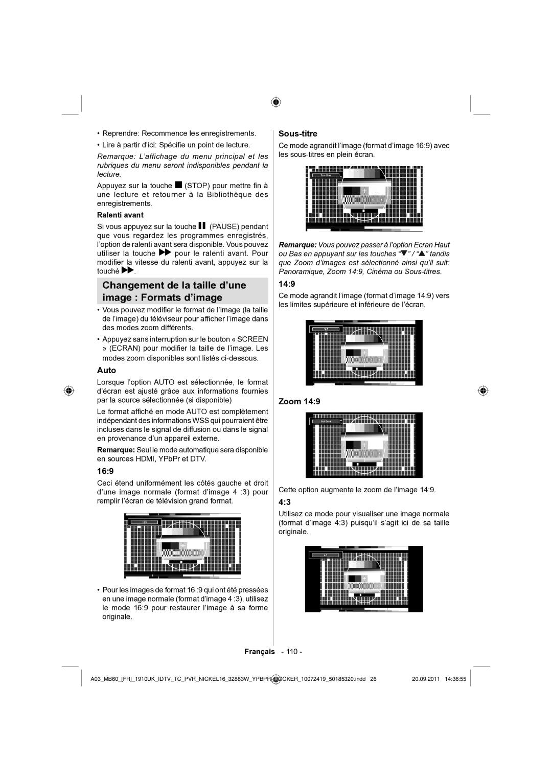 Sharp LC-32SH130E operation manual Changement de la taille d’une Image Formats d’image, Sous-titre, Ralenti avant 