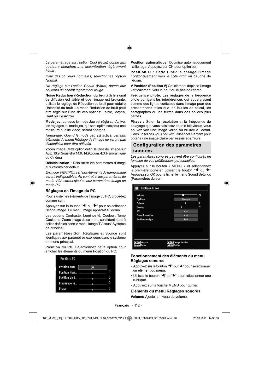 Sharp LC-32SH130E Conﬁguration des paramètres Sonores, Réglages de l’image du PC, Eléments du menu Réglages sonores 