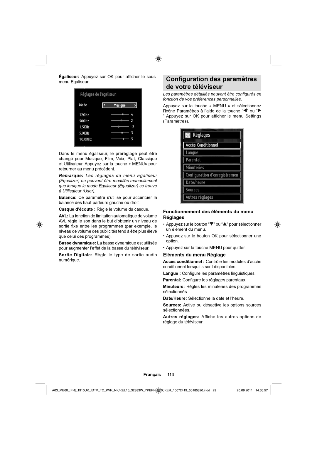 Sharp LC-32SH130E Conﬁguration des paramètres De votre téléviseur, Fonctionnement des éléments du menu Réglages 