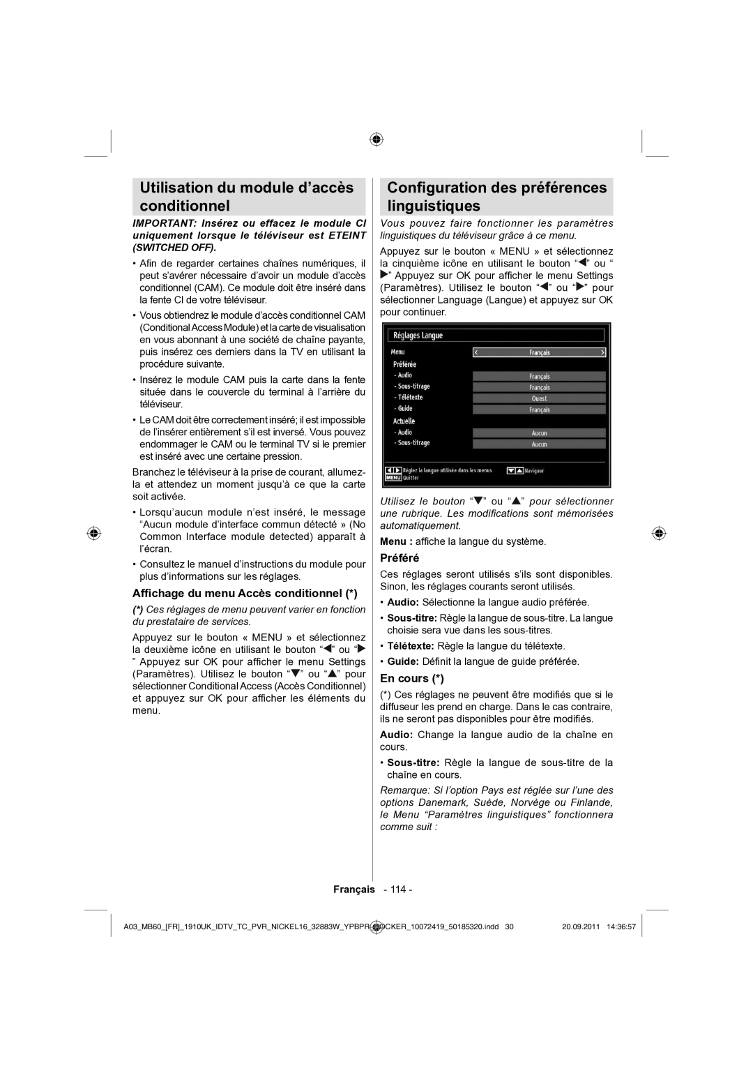 Sharp LC-32SH130E Utilisation du module d’accès Conditionnel, Conﬁguration des préférences Linguistiques, Préféré 