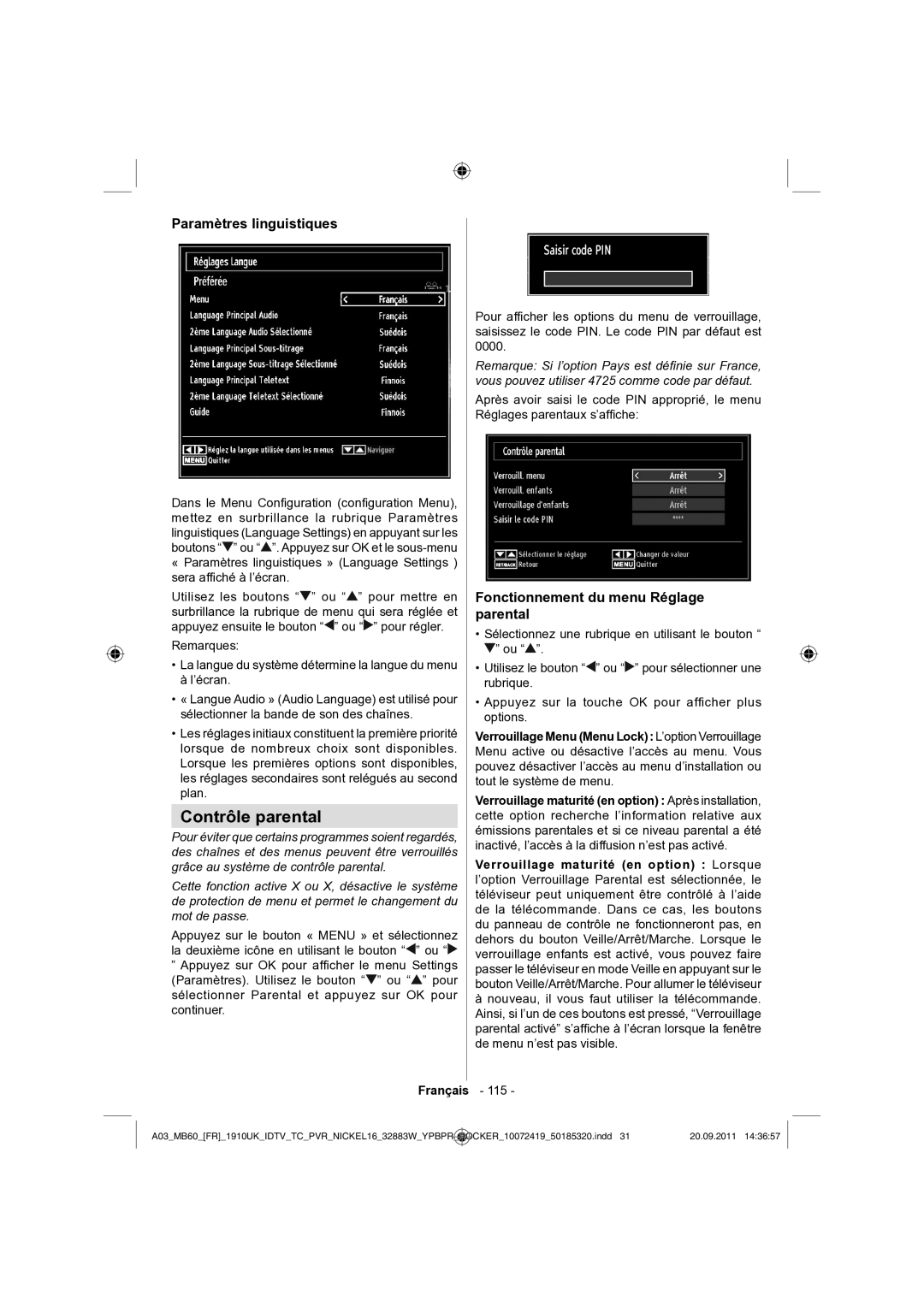 Sharp LC-32SH130E operation manual Contrôle parental, Paramètres linguistiques, Fonctionnement du menu Réglage parental 