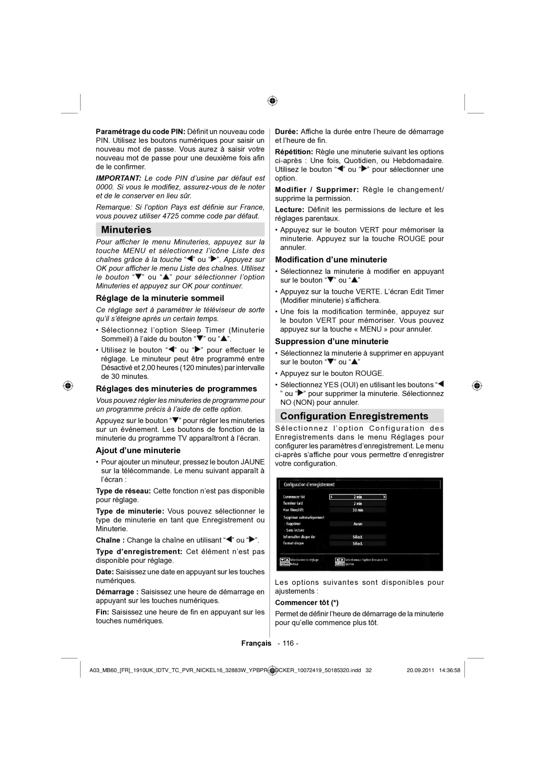 Sharp LC-32SH130E operation manual Minuteries, Conﬁguration Enregistrements 