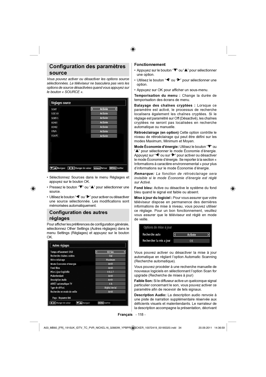 Sharp LC-32SH130E operation manual Conﬁguration des paramètres Source, Conﬁguration des autres Réglages, Fonctionnement 