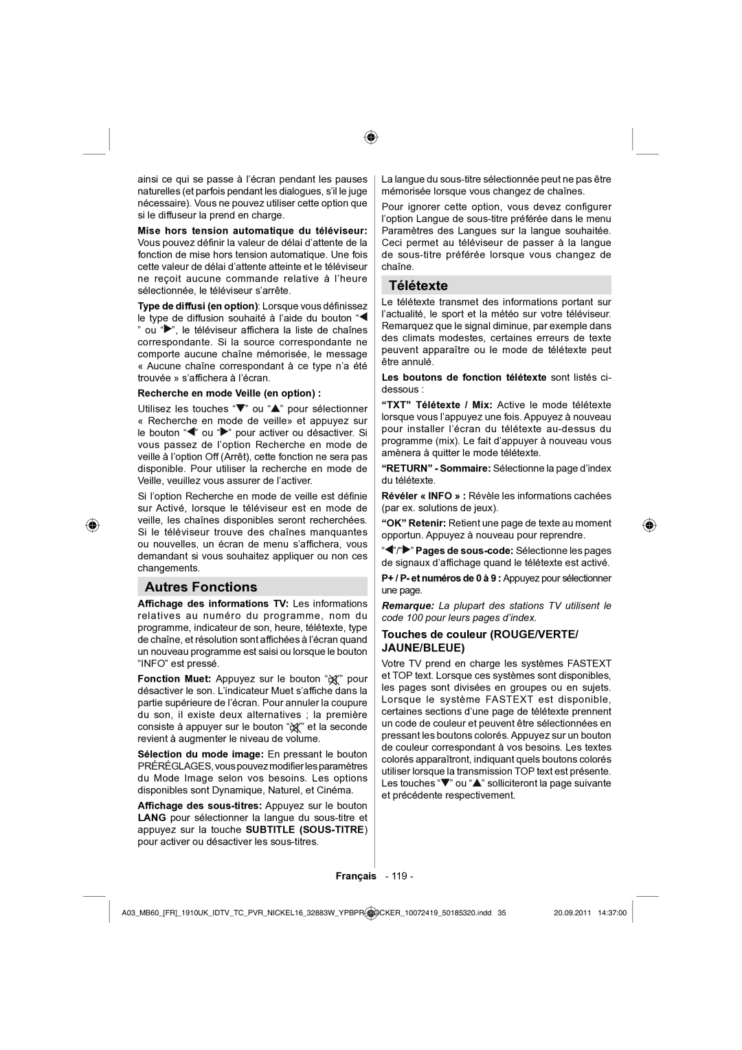 Sharp LC-32SH130E operation manual Autres Fonctions, Télétexte, Touches de couleur ROUGE/VERTE 