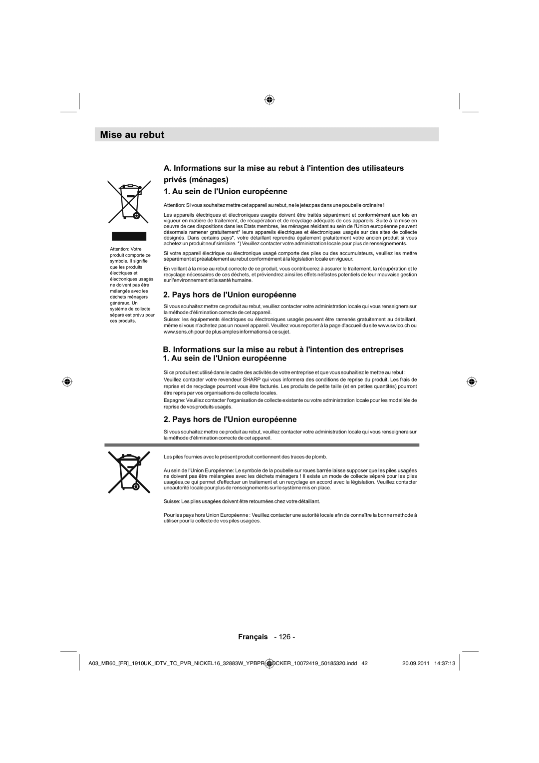 Sharp LC-32SH130E operation manual Mise au rebut, Pays hors de lUnion européenne 