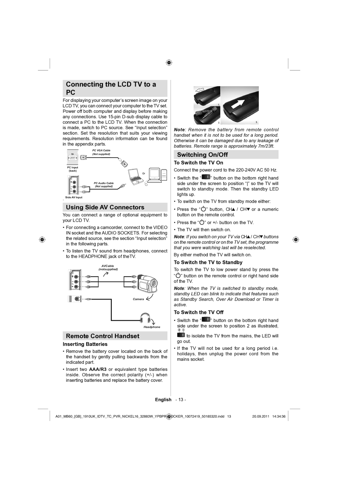 Sharp LC-32SH130E Connecting the LCD TV to a, Using Side AV Connectors, Remote Control Handset, Switching On/Off 