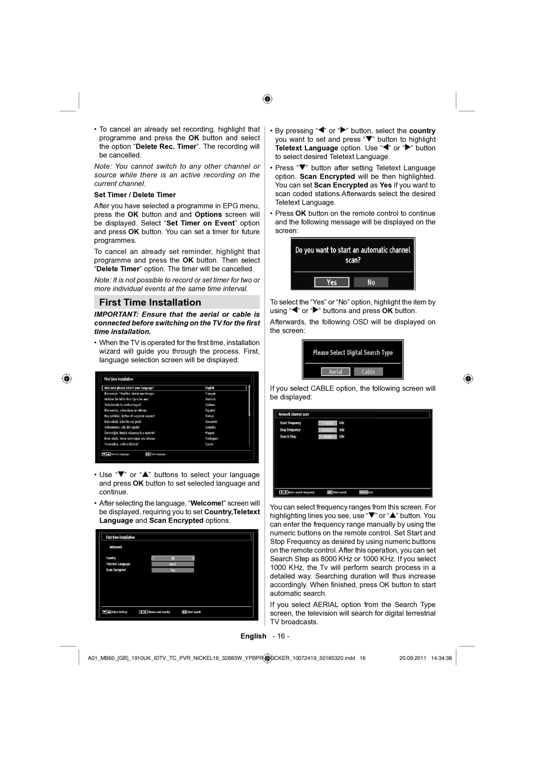 Sharp LC-32SH130E operation manual First Time Installation, Set Timer / Delete Timer 