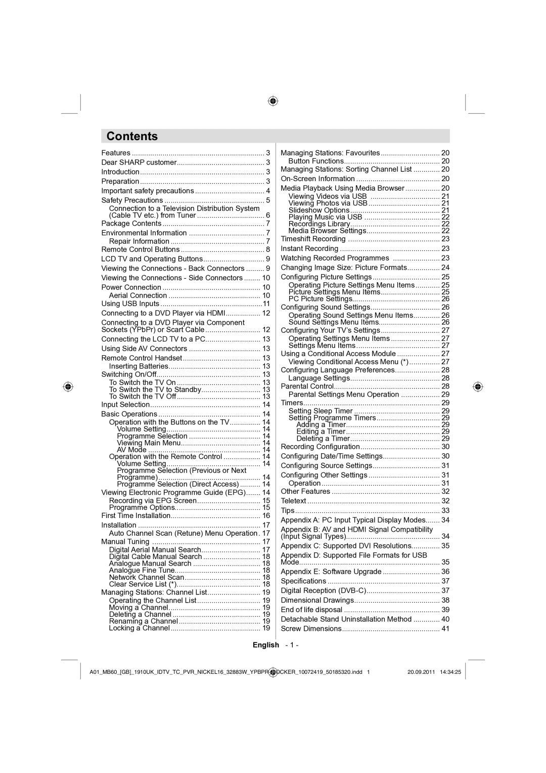 Sharp LC-32SH130E operation manual Contents 