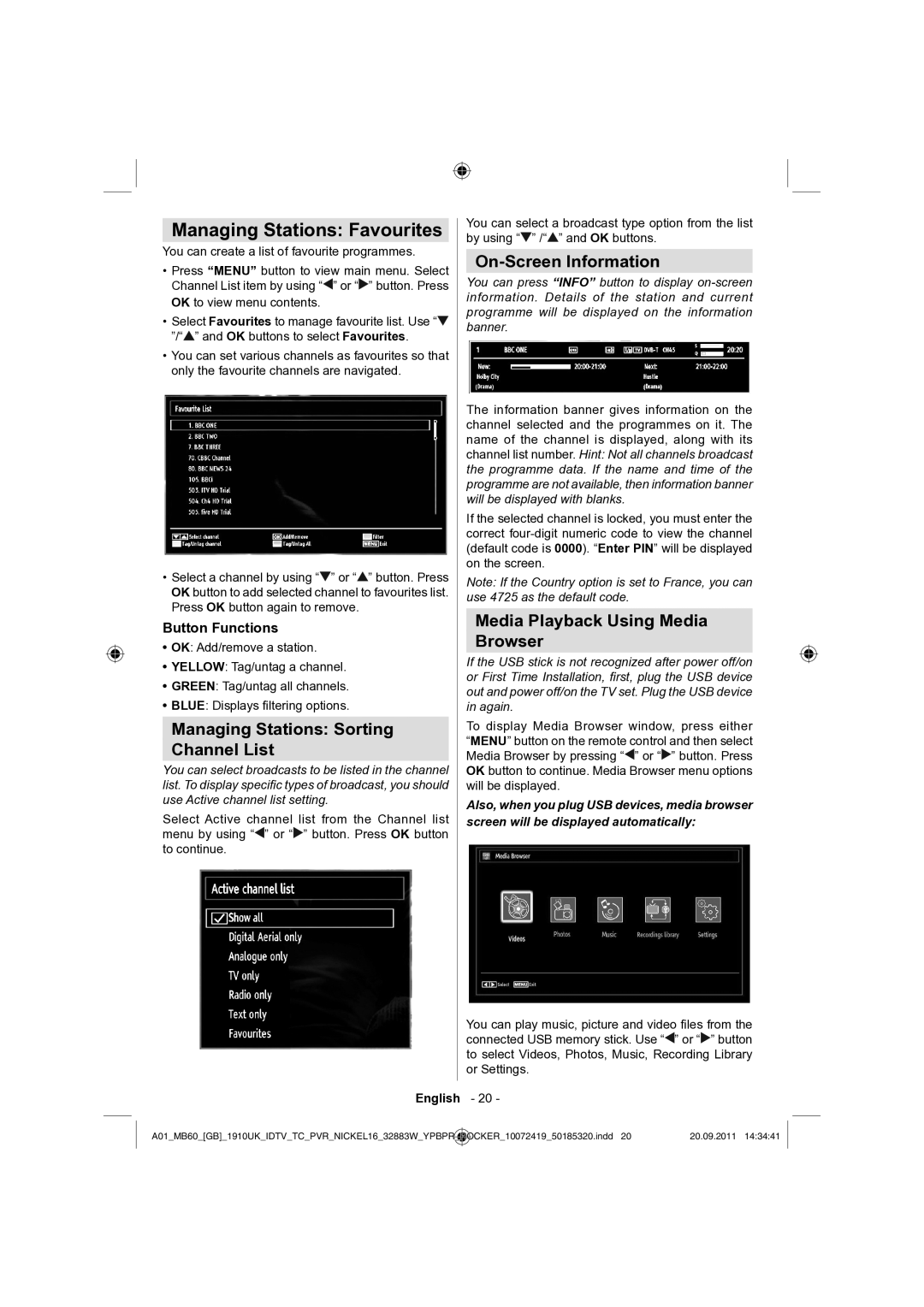 Sharp LC-32SH130E Managing Stations Favourites, Managing Stations Sorting Channel List, On-Screen Information 