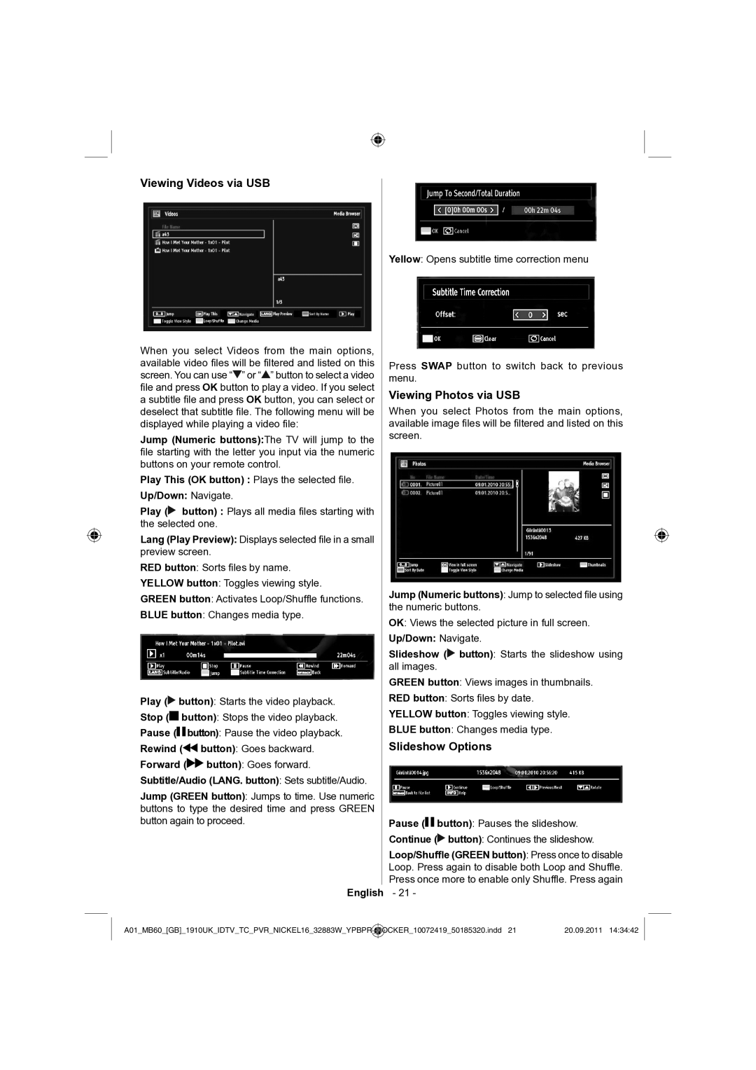 Sharp LC-32SH130E operation manual Viewing Videos via USB, Viewing Photos via USB, Slideshow Options 