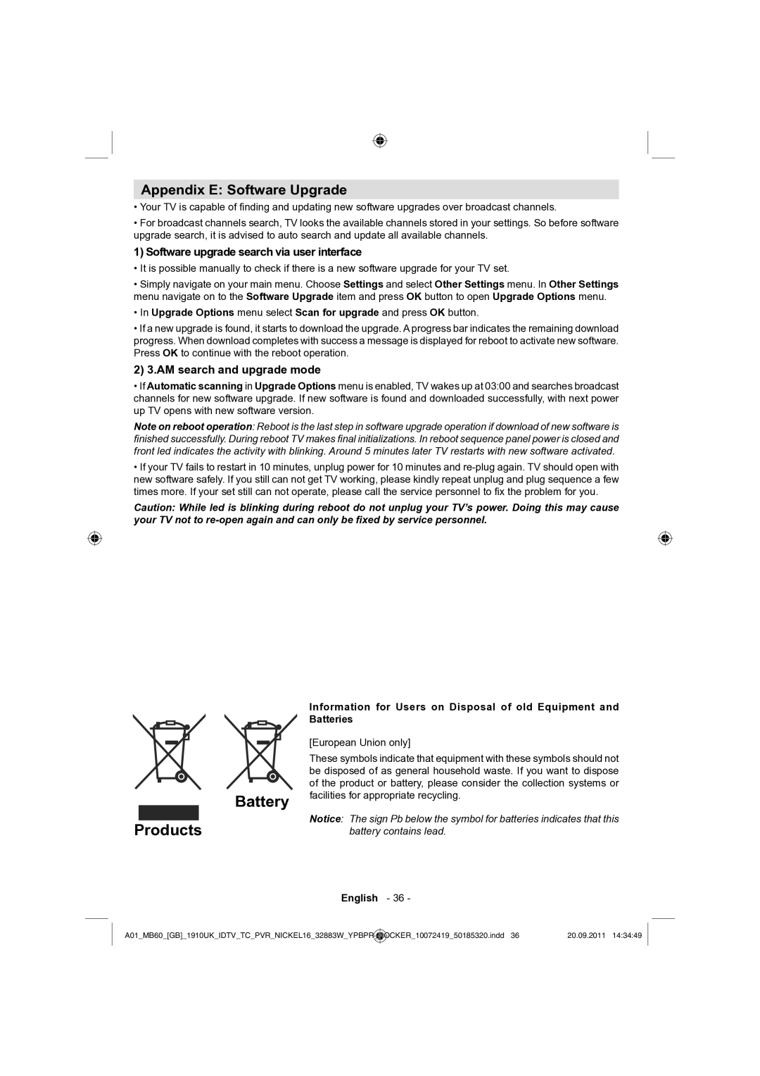 Sharp LC-32SH130E Battery, Products, Appendix E Software Upgrade, Software upgrade search via user interface 