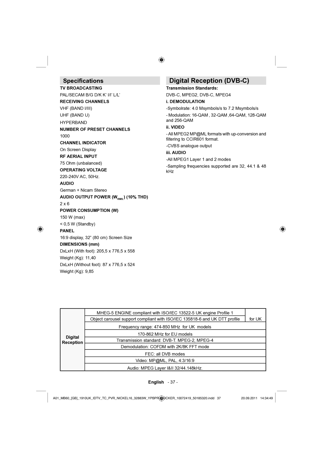 Sharp LC-32SH130E operation manual Digital Reception DVB-C, Speciﬁcations 