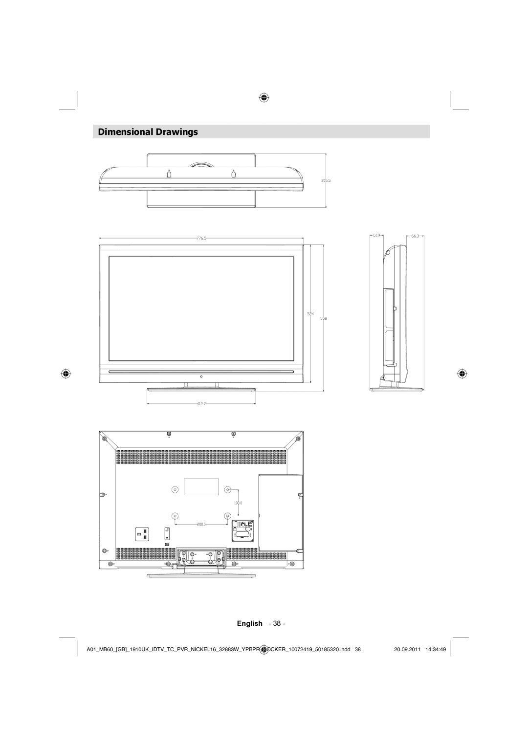 Sharp LC-32SH130E operation manual Dimensional Drawings 