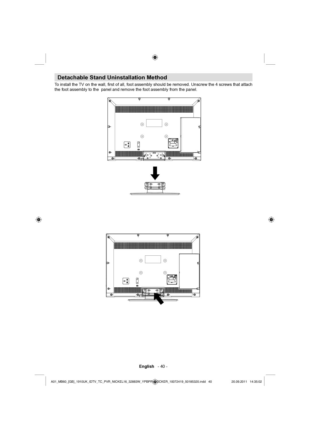 Sharp LC-32SH130E operation manual Detachable Stand Uninstallation Method 