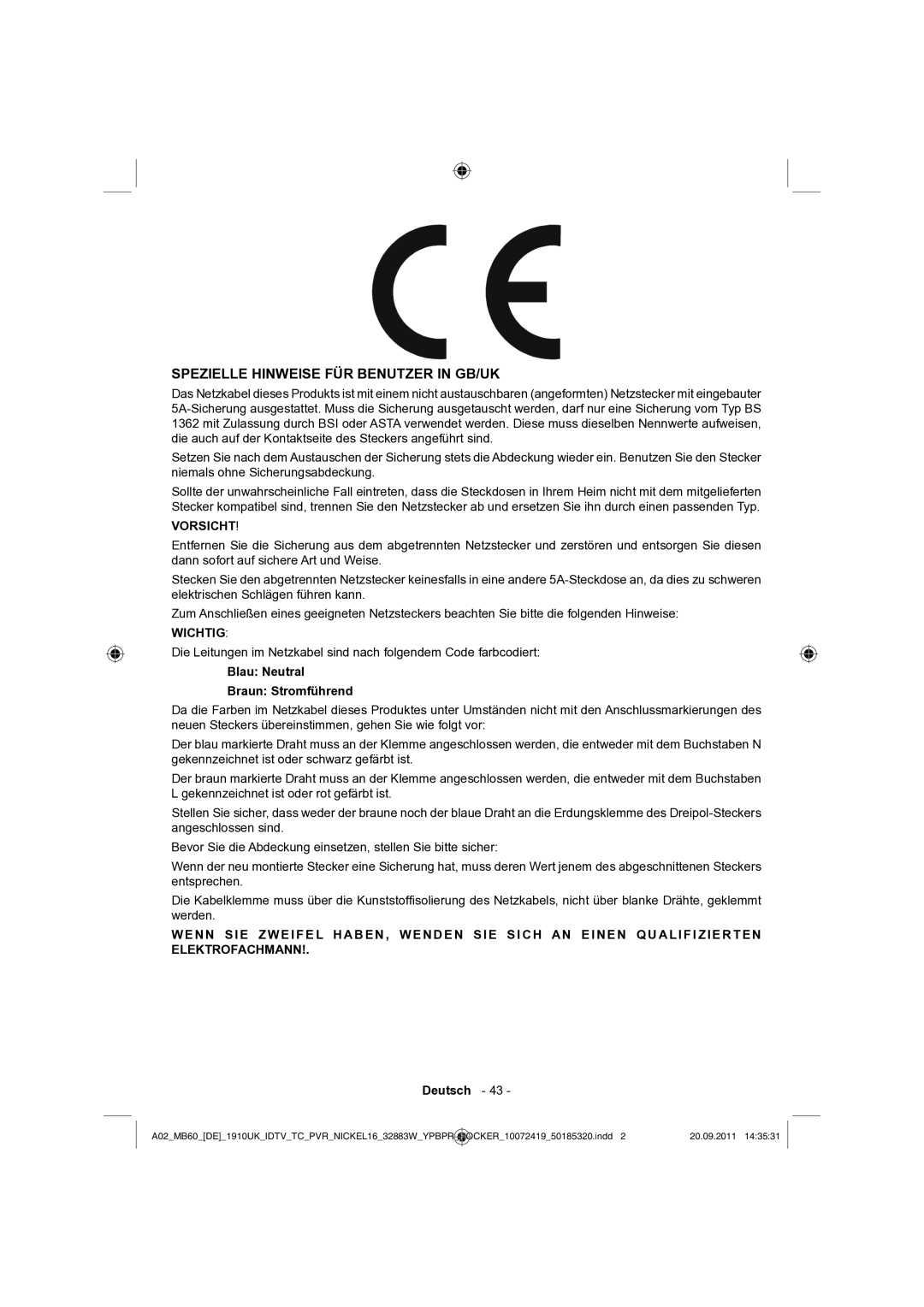 Sharp LC-32SH130E operation manual Spezielle Hinweise FÜR Benutzer in GB/UK, Blau Neutral Braun Stromführend 