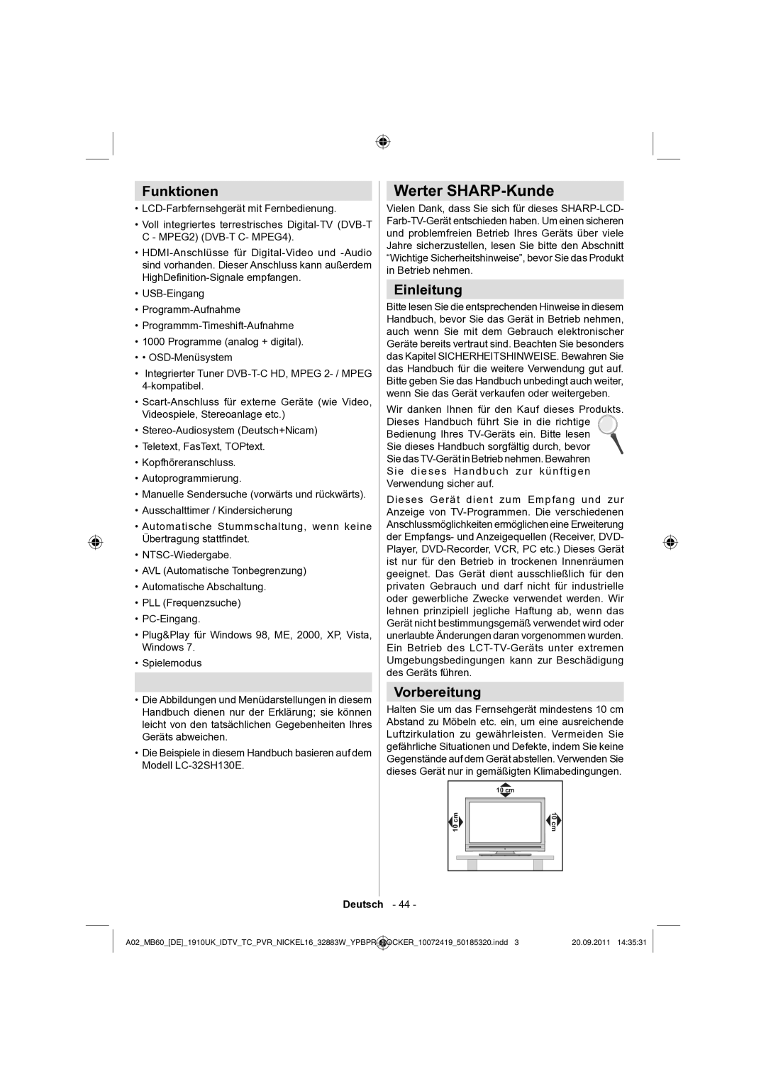 Sharp LC-32SH130E operation manual Werter SHARP-Kunde, Funktionen, Einleitung, Vorbereitung 