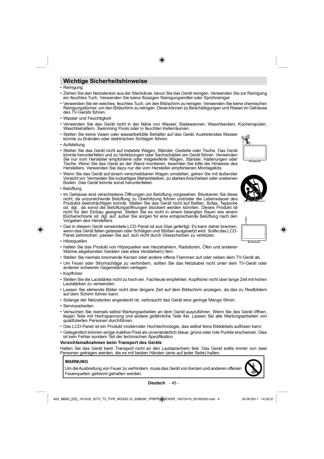 Sharp LC-32SH130E operation manual Wichtige Sicherheitshinweise, Vorsichtsmaßnahmen beim Transport des Geräts 