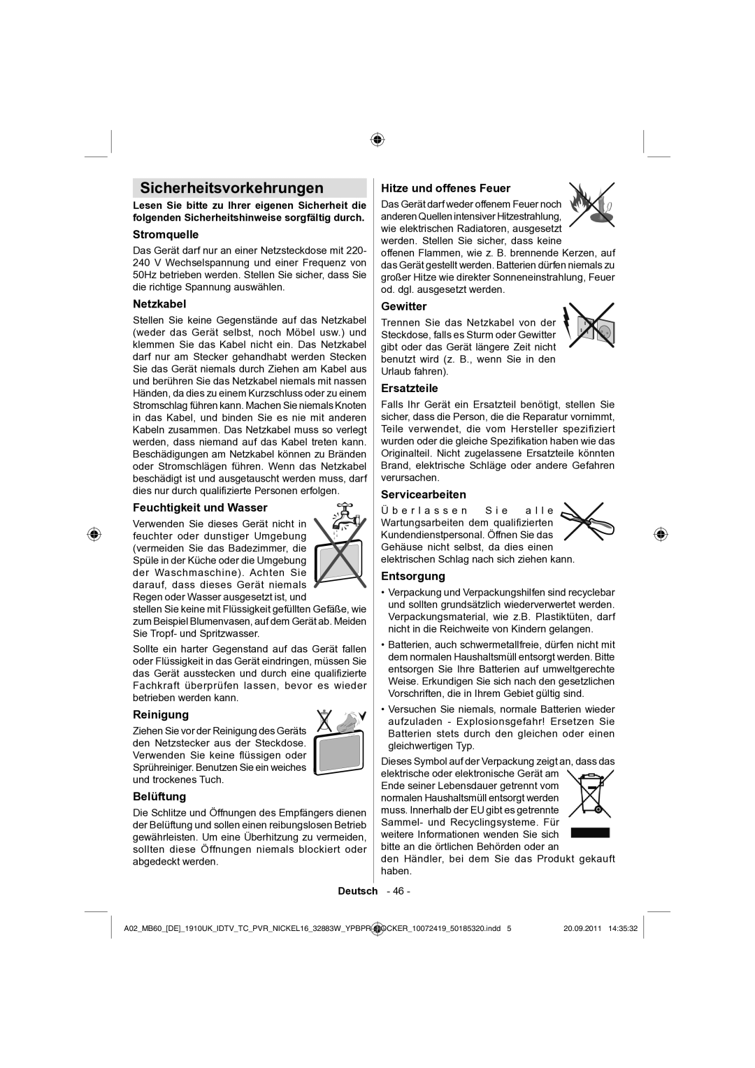 Sharp LC-32SH130E operation manual Sicherheitsvorkehrungen 