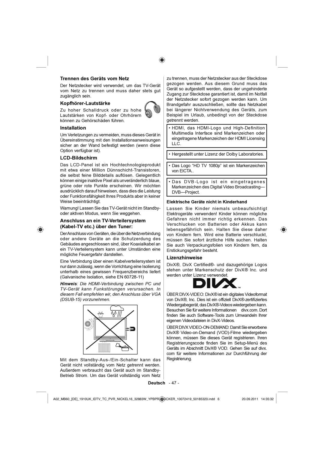 Sharp LC-32SH130E operation manual Trennen des Geräts vom Netz, Kopfhörer-Lautstärke, LCD-Bildschirm, Lizenzhinweise 