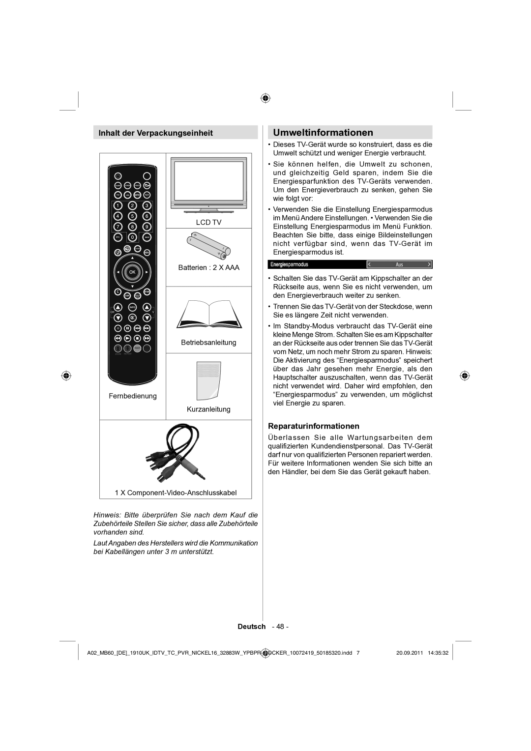 Sharp LC-32SH130E operation manual Umweltinformationen, Inhalt der Verpackungseinheit, Reparaturinformationen 