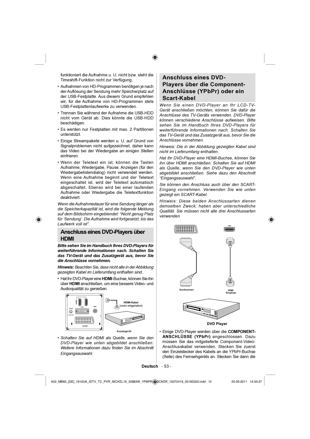 Sharp LC-32SH130E operation manual Anschluss eines DVD-Players über, Deutsch Anschlüsse YPbPr angeschlossen. Dazu 