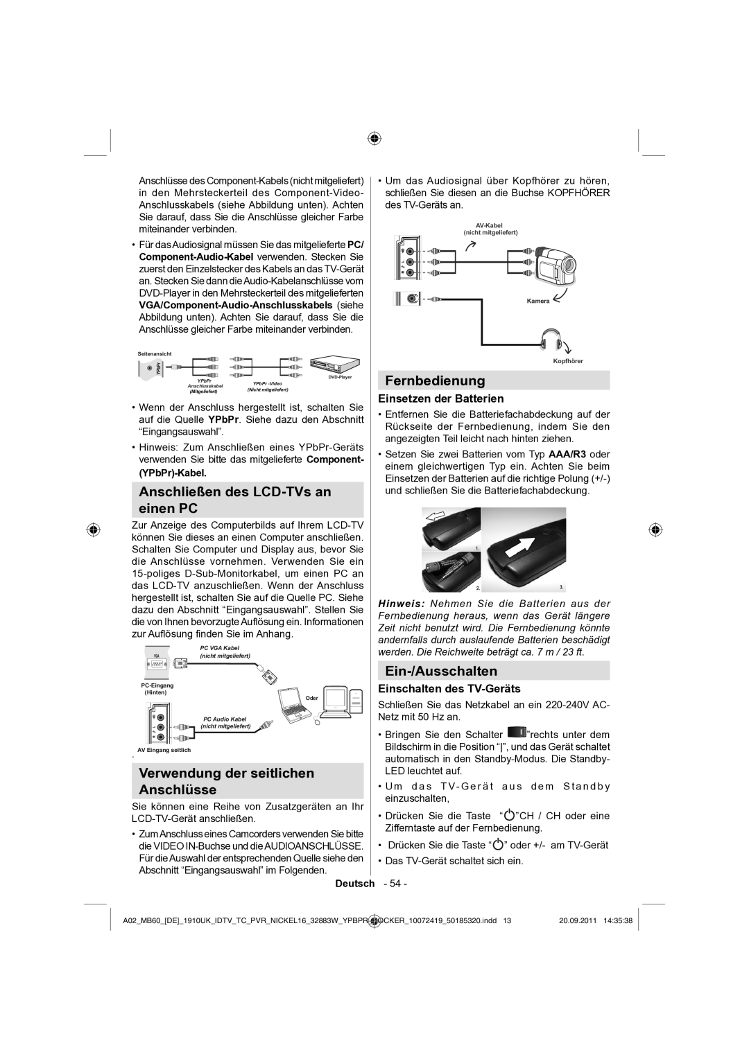 Sharp LC-32SH130E operation manual Anschließen des LCD-TVs an Einen PC, Verwendung der seitlichen Anschlüsse, Fernbedienung 