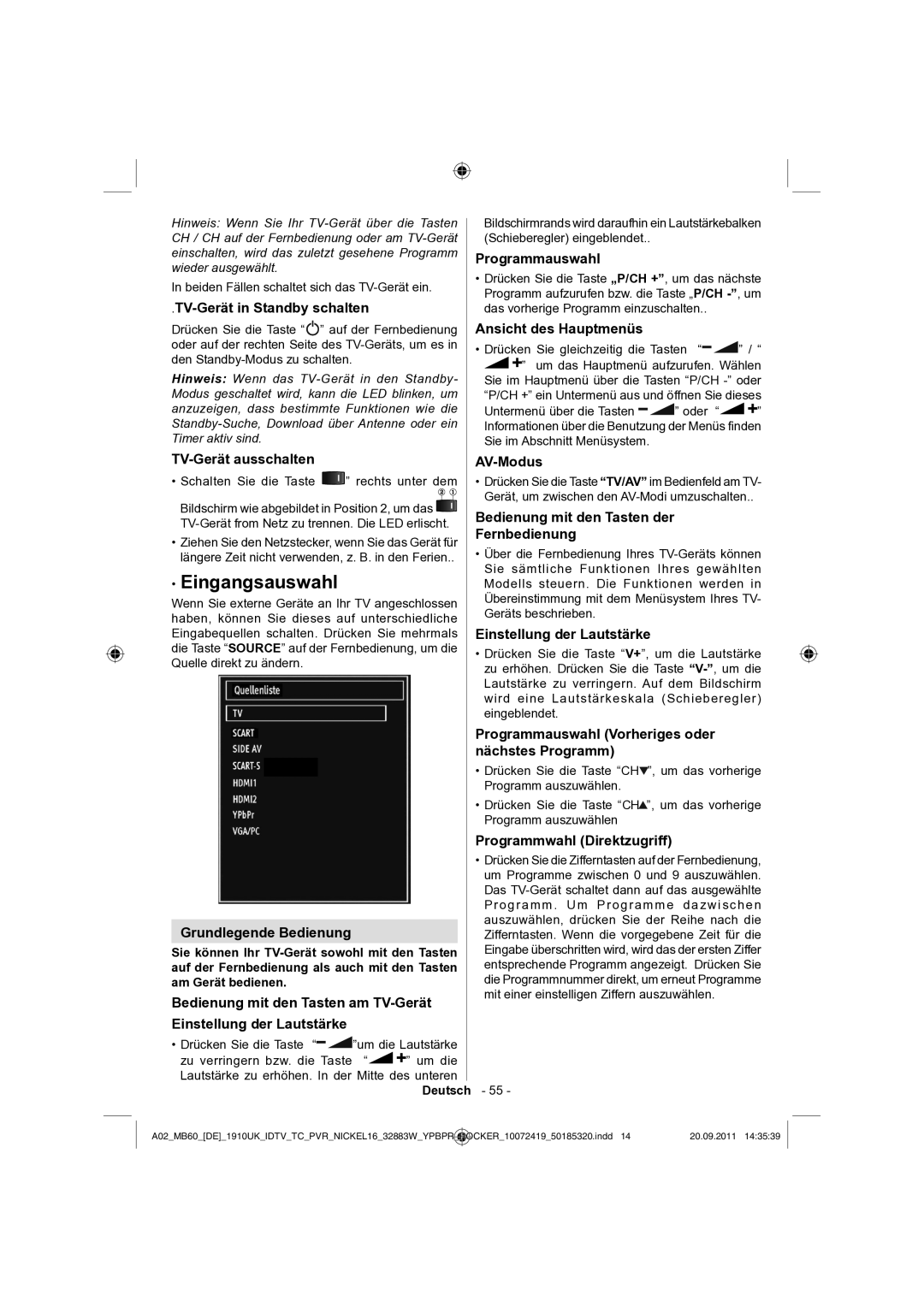 Sharp LC-32SH130E operation manual Eingangsauswahl 