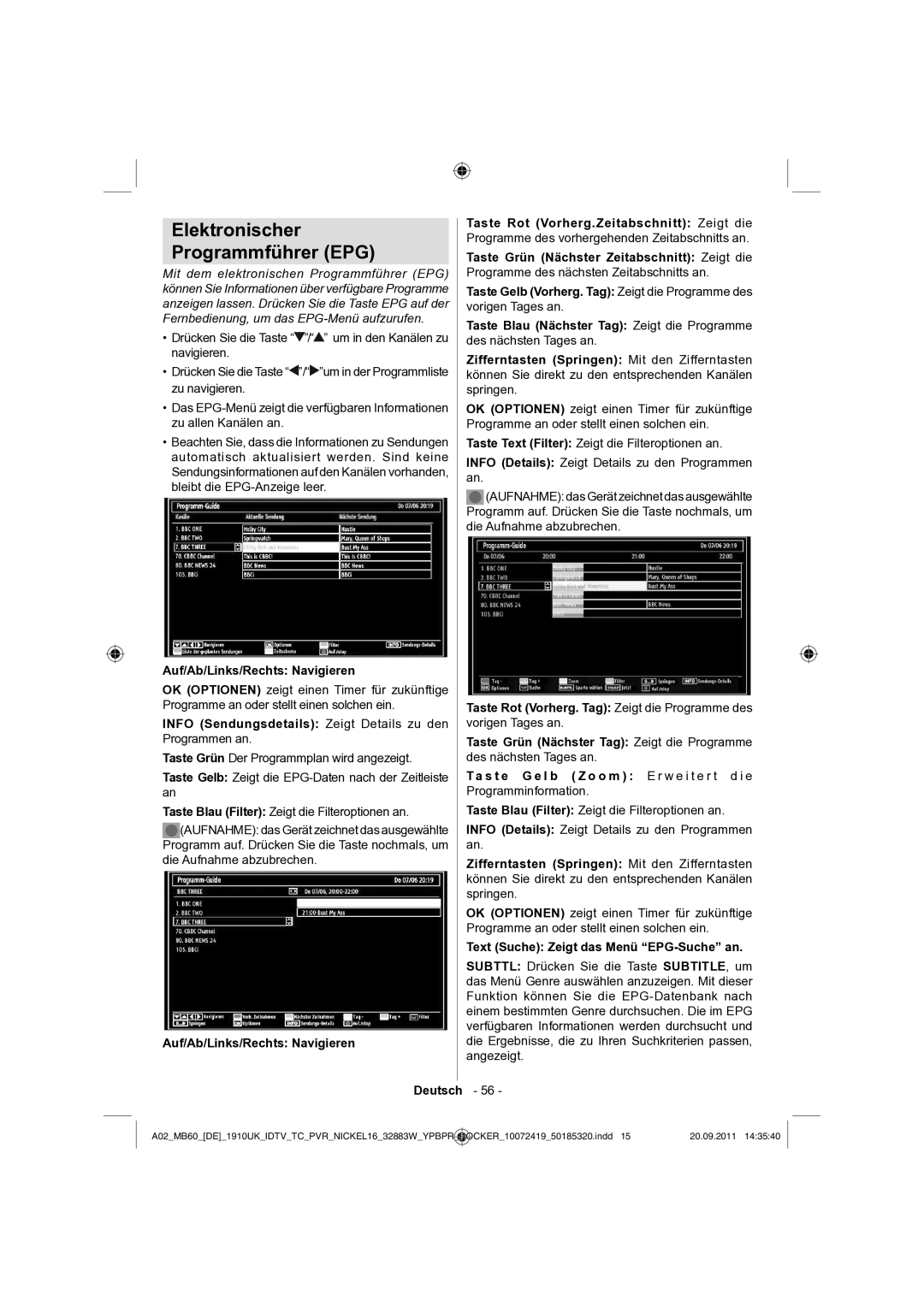 Sharp LC-32SH130E operation manual Elektronischer Programmführer EPG, Auf/Ab/Links/Rechts Navigieren 