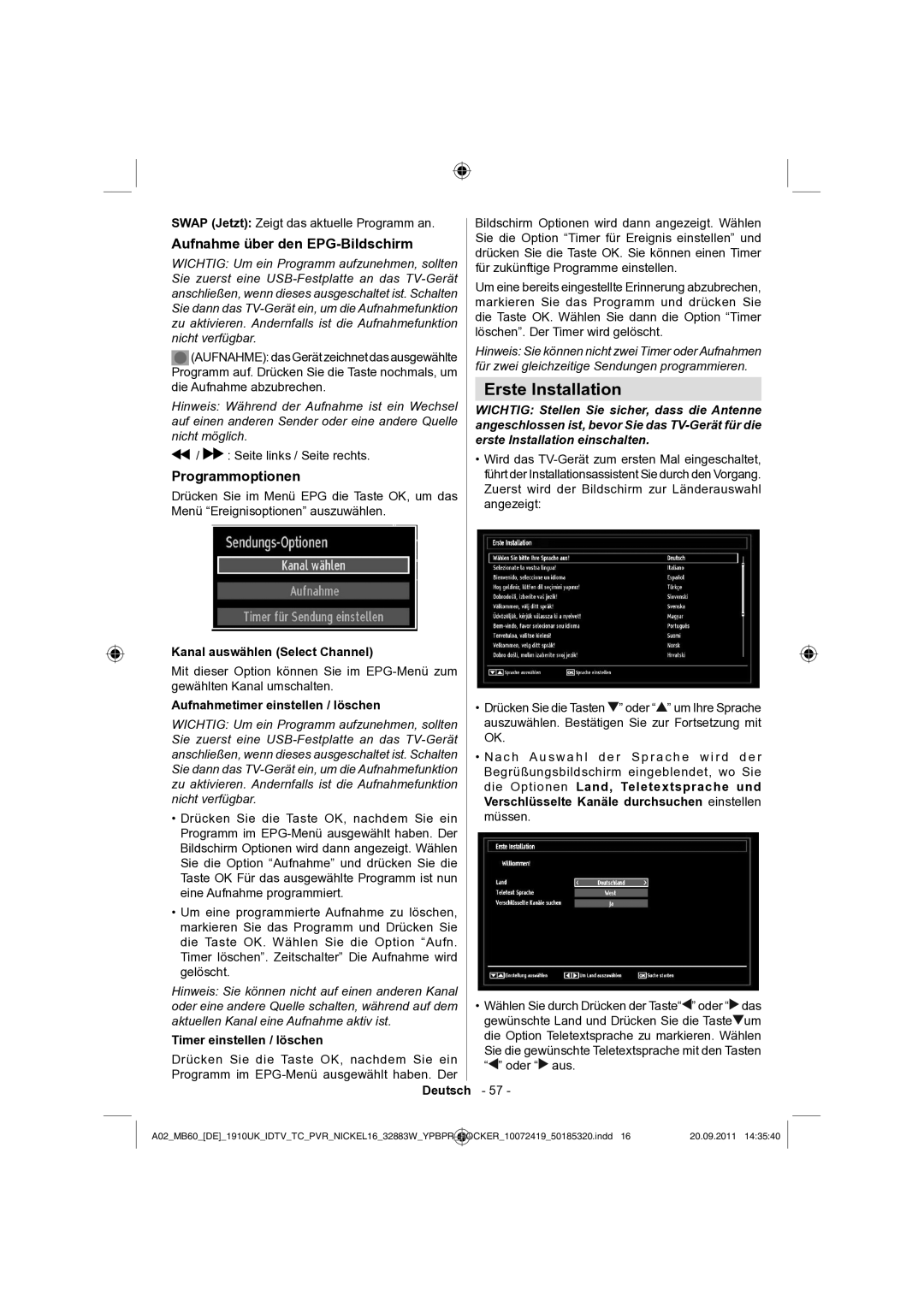 Sharp LC-32SH130E operation manual Erste Installation, Aufnahme über den EPG-Bildschirm, Programmoptionen 