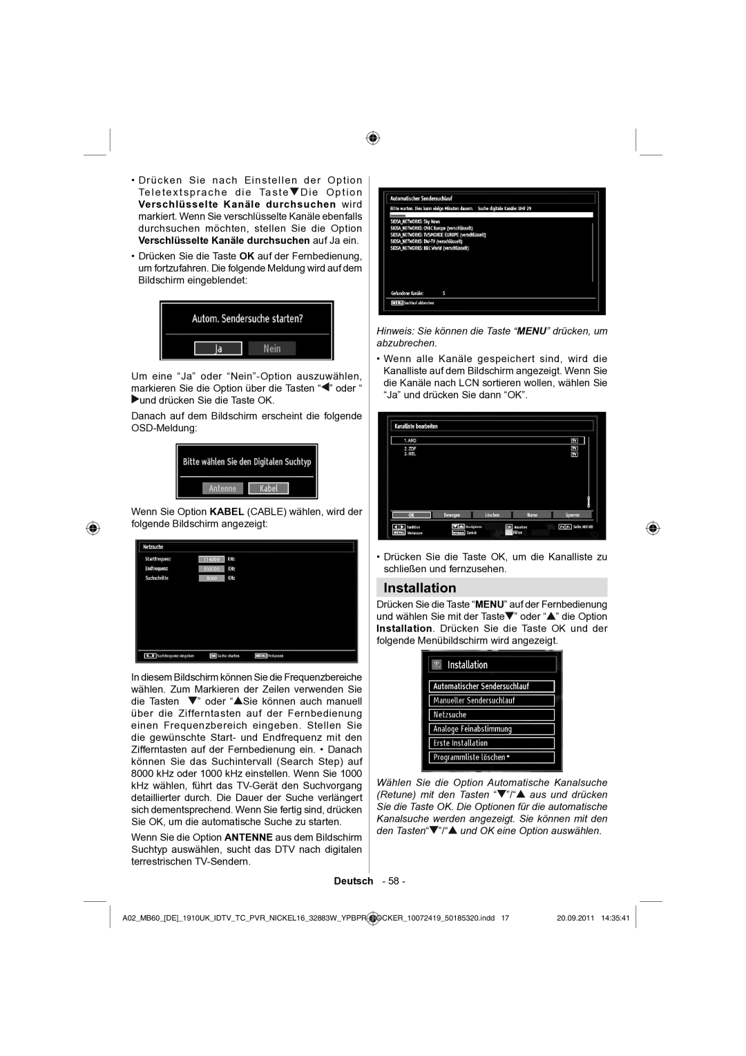 Sharp LC-32SH130E operation manual Hinweis Sie können die Taste Menu drücken, um abzubrechen 