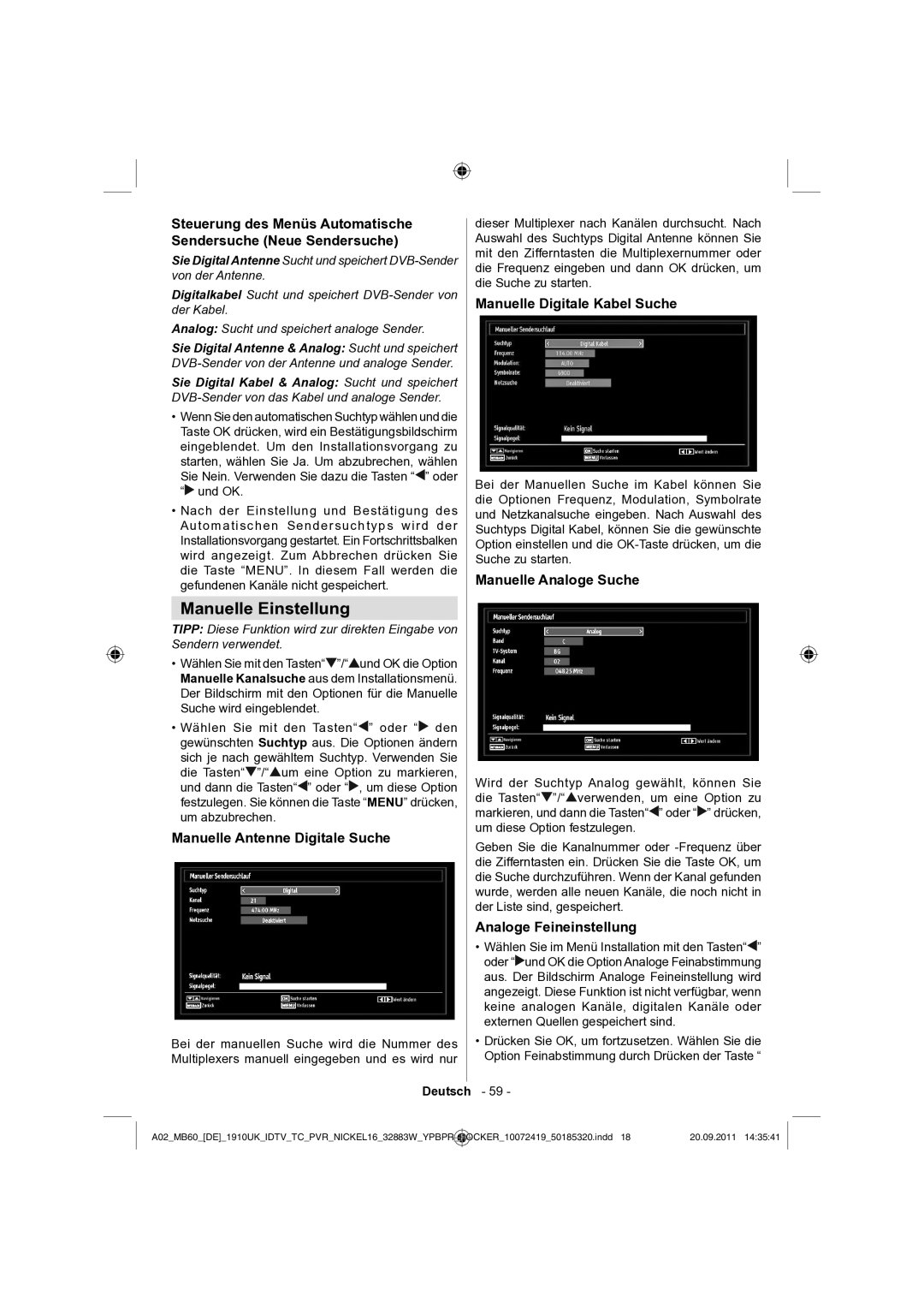 Sharp LC-32SH130E operation manual Manuelle Einstellung, Manuelle Antenne Digitale Suche, Manuelle Digitale Kabel Suche 