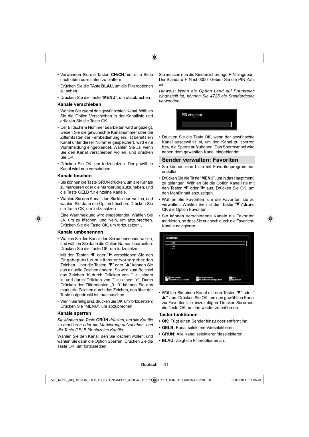 Sharp LC-32SH130E operation manual Sender verwalten Favoriten 