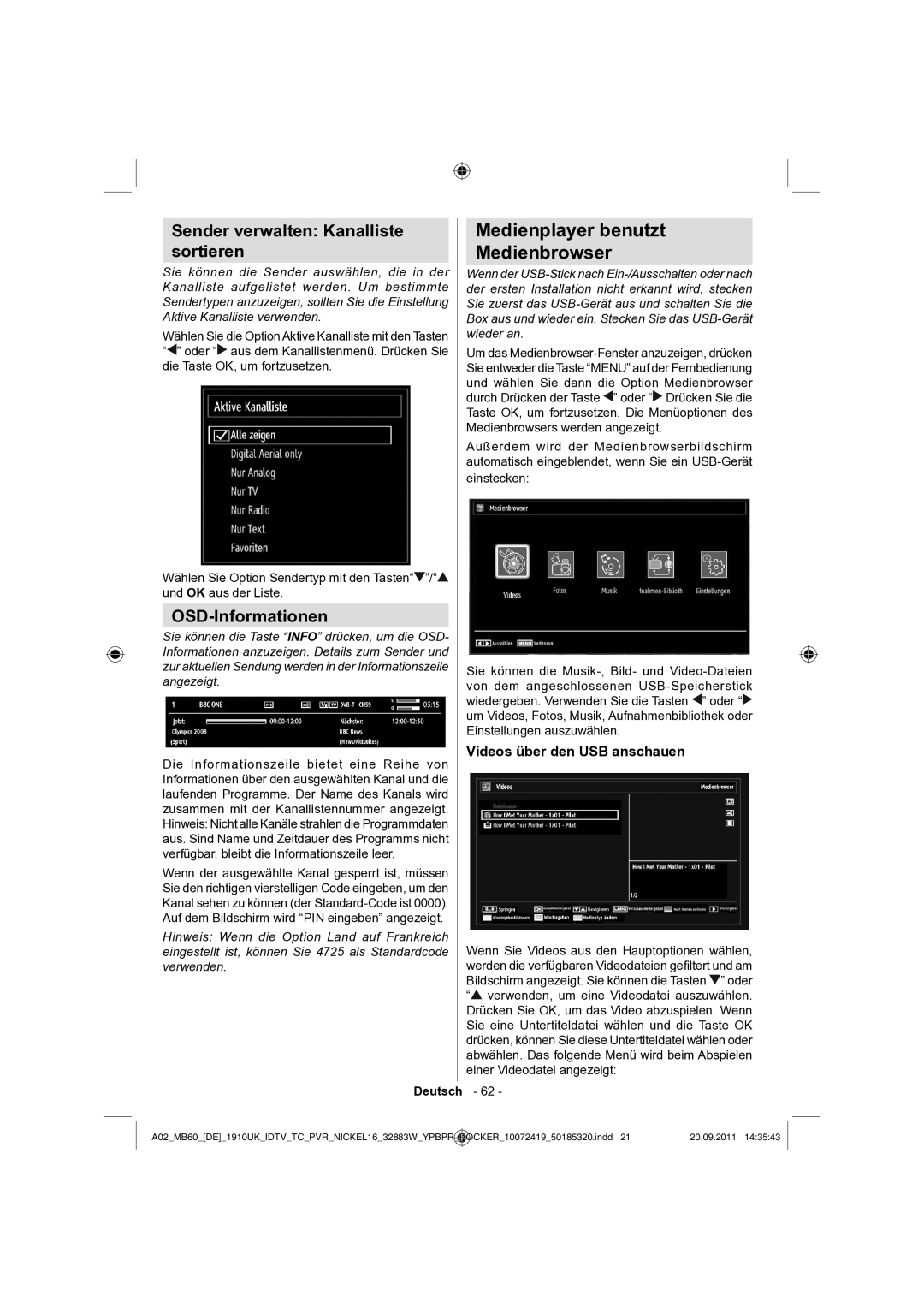 Sharp LC-32SH130E Medienplayer benutzt Medienbrowser, Sender verwalten Kanalliste Sortieren, OSD-Informationen 