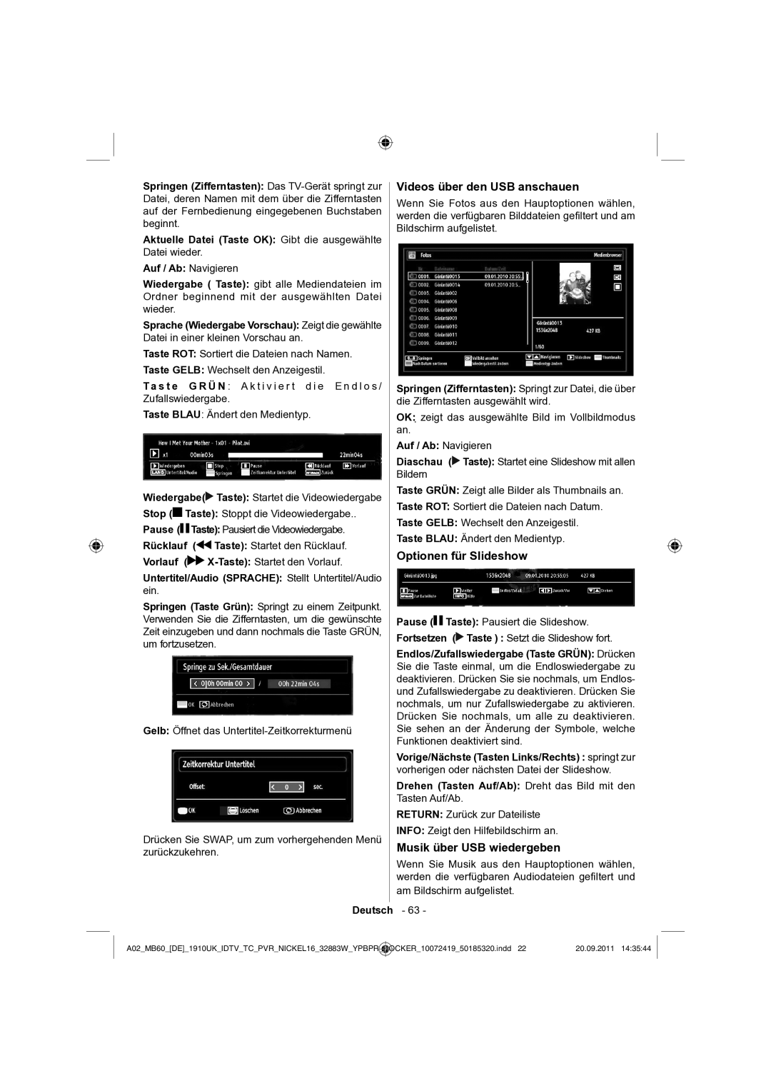 Sharp LC-32SH130E Optionen für Slideshow, Musik über USB wiedergeben, OK zeigt das ausgewählte Bild im Vollbildmodus an 