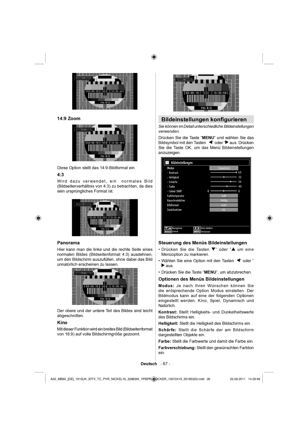 Sharp LC-32SH130E operation manual Bildeinstellungen konﬁgurieren, Panorama, Kino, Steuerung des Menüs Bildeinstellungen 