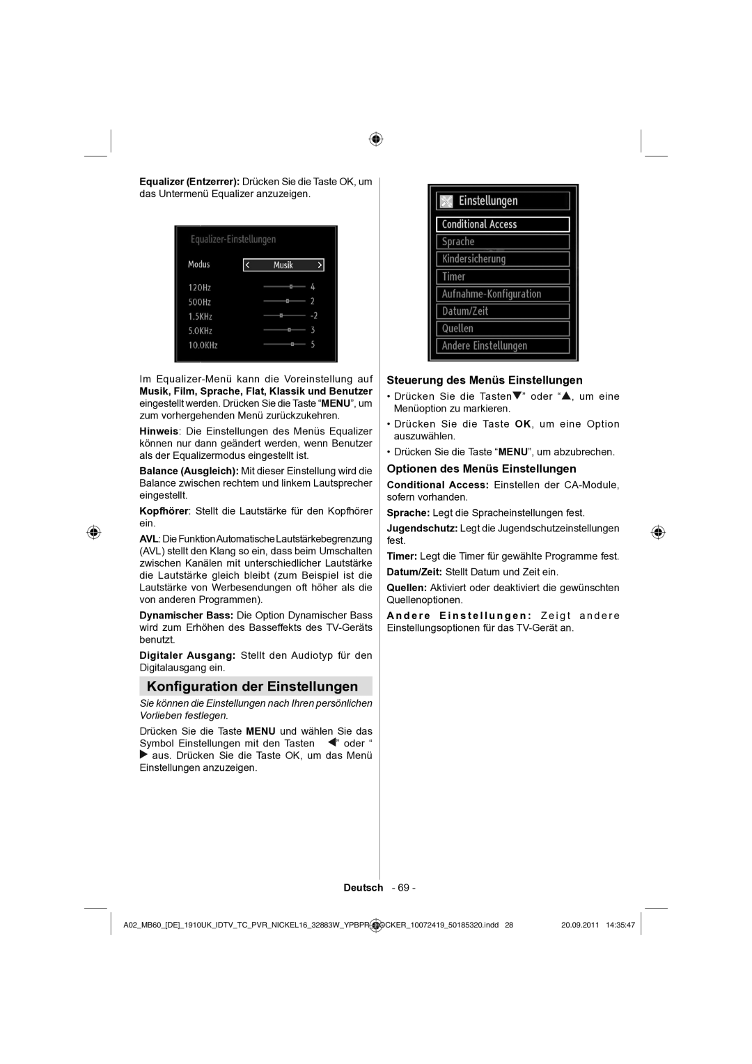 Sharp LC-32SH130E Konﬁguration der Einstellungen, Steuerung des Menüs Einstellungen, Optionen des Menüs Einstellungen 