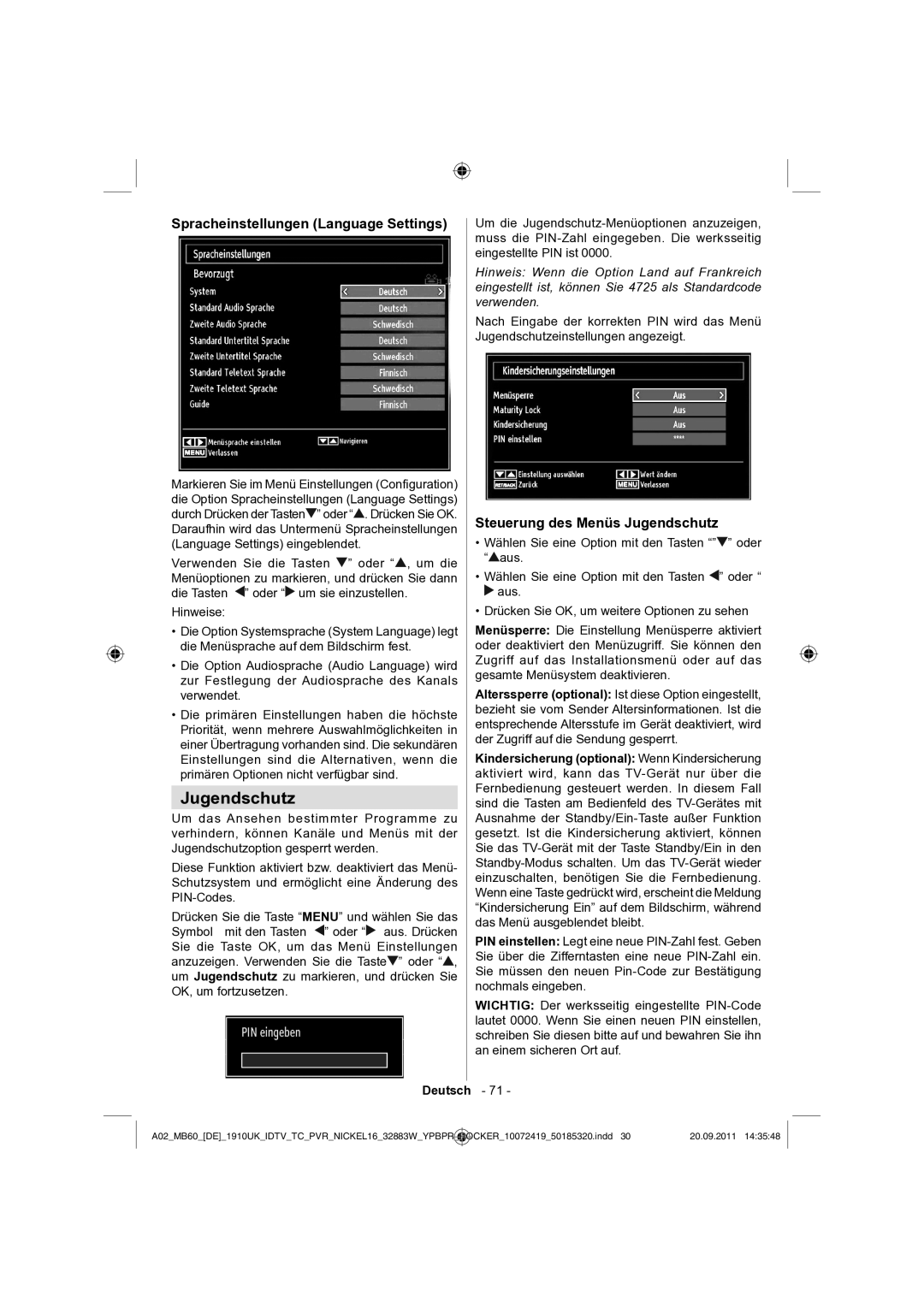 Sharp LC-32SH130E operation manual Spracheinstellungen Language Settings, Steuerung des Menüs Jugendschutz 