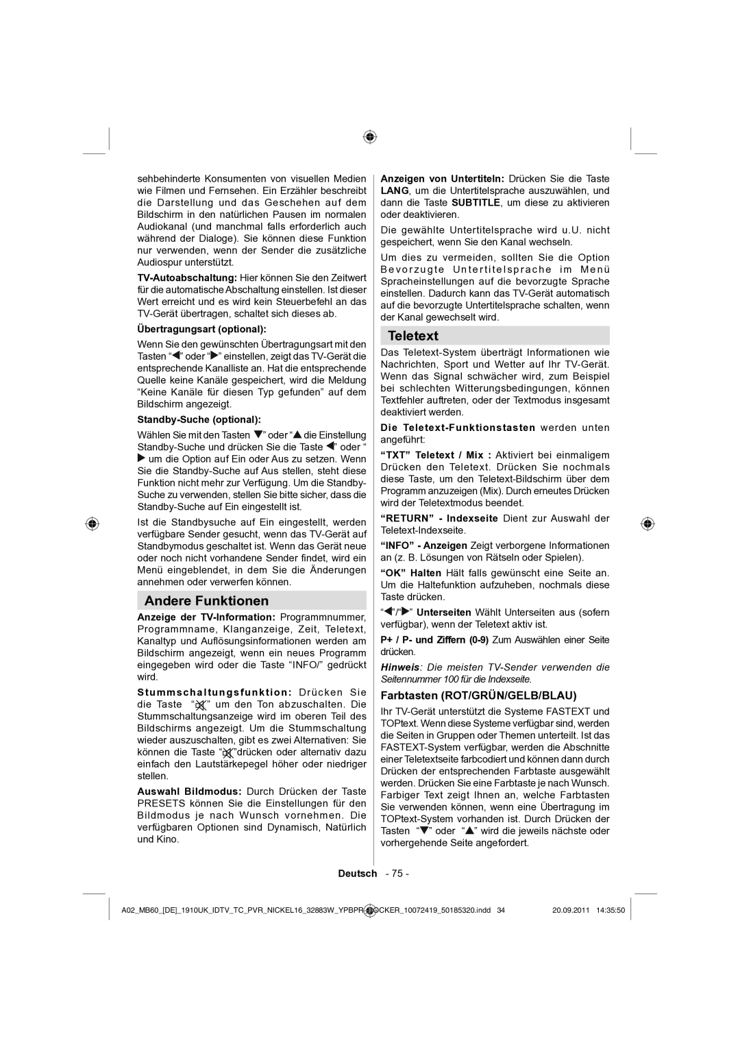 Sharp LC-32SH130E operation manual Andere Funktionen, Farbtasten ROT/GRÜN/GELB/BLAU 