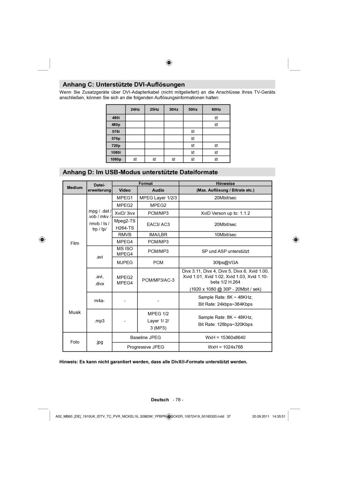 Sharp LC-32SH130E operation manual Anhang C Unterstützte DVI-Auﬂösungen, Anhang D Im USB-Modus unterstützte Dateiformate 