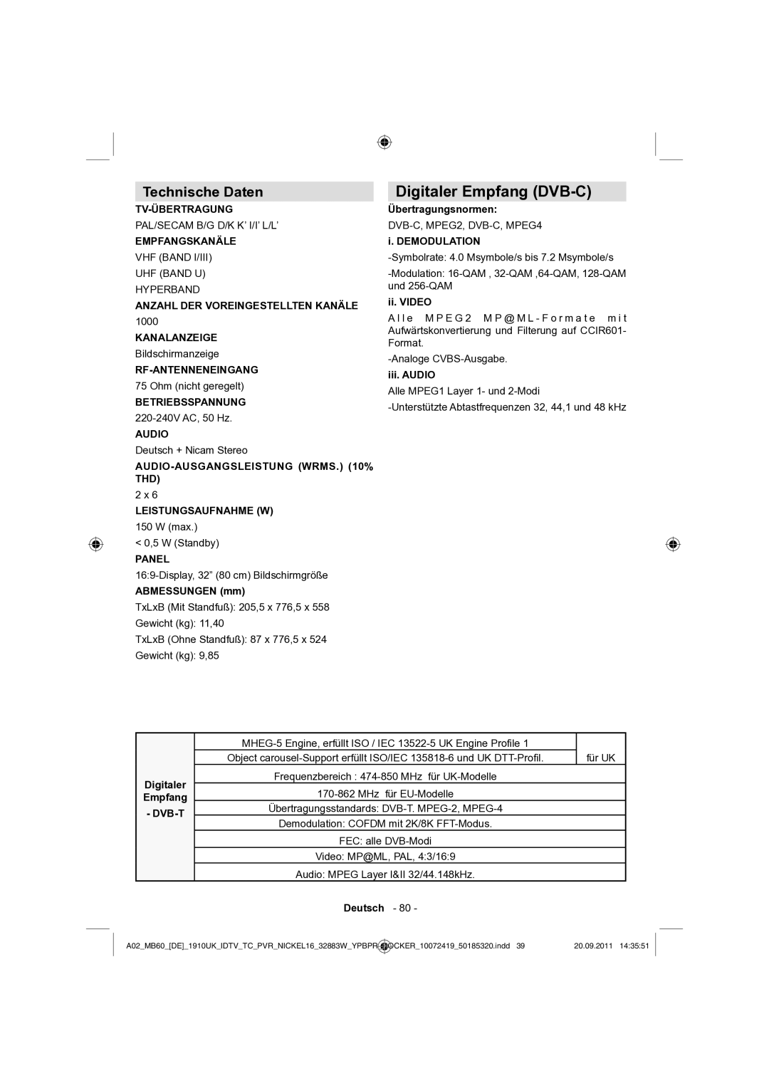 Sharp LC-32SH130E operation manual Digitaler Empfang DVB-C, Technische Daten 