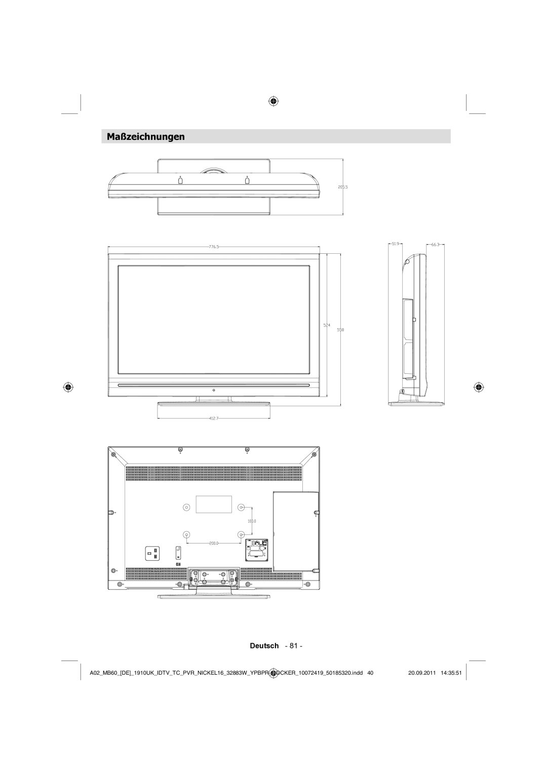 Sharp LC-32SH130E operation manual Maßzeichnungen 