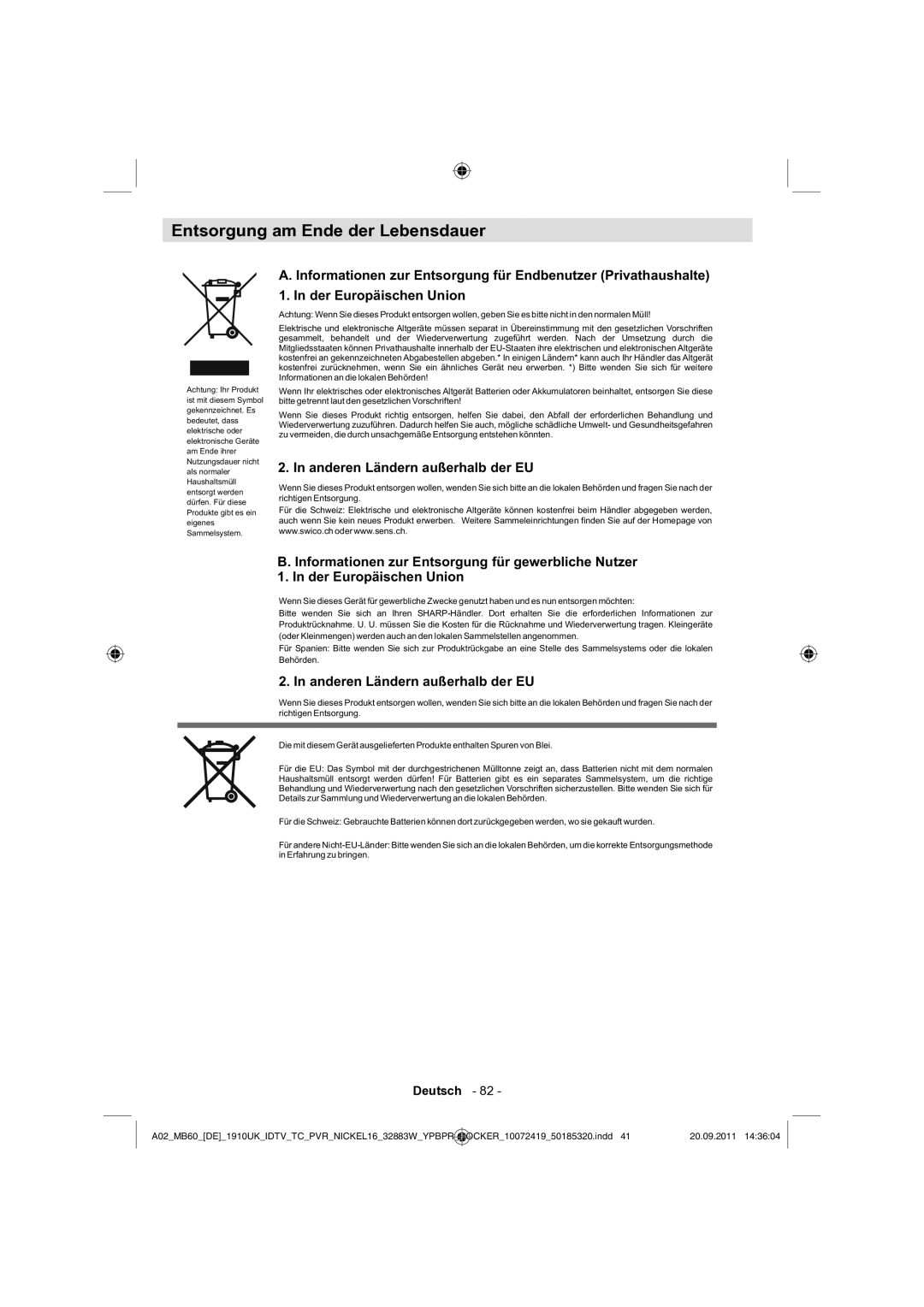 Sharp LC-32SH130E operation manual Entsorgung am Ende der Lebensdauer, Anderen Ländern außerhalb der EU 