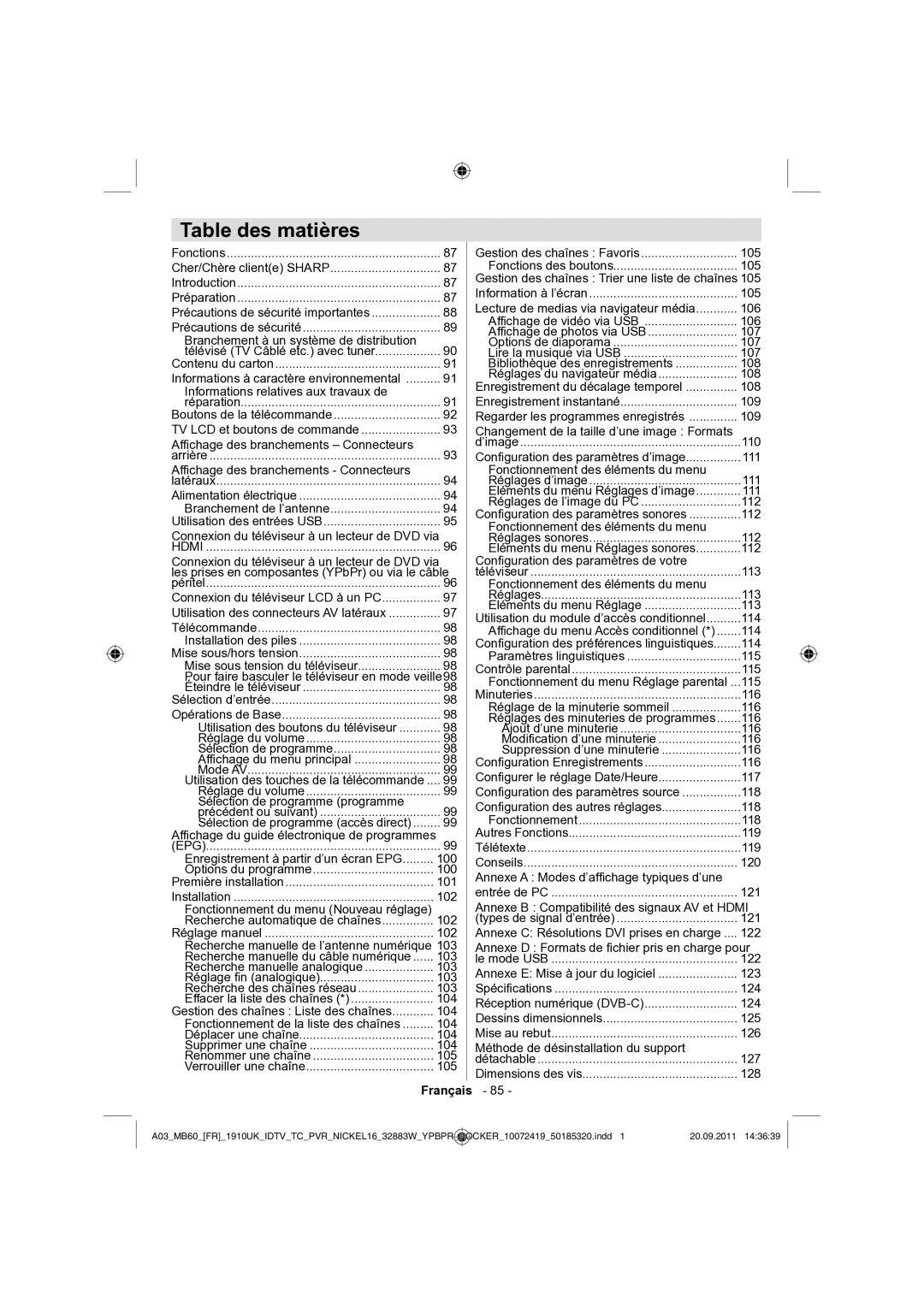 Sharp LC-32SH130E operation manual Français 