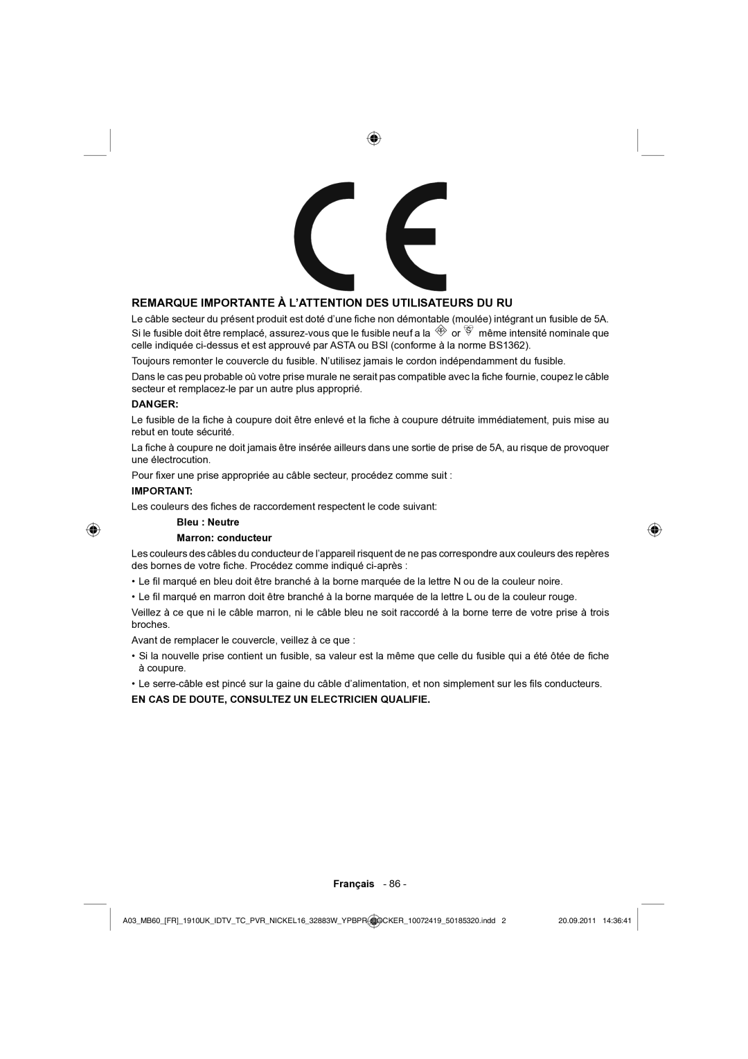 Sharp LC-32SH130E operation manual Remarque Importante À L’ATTENTION DES Utilisateurs DU RU, Bleu Neutre Marron conducteur 