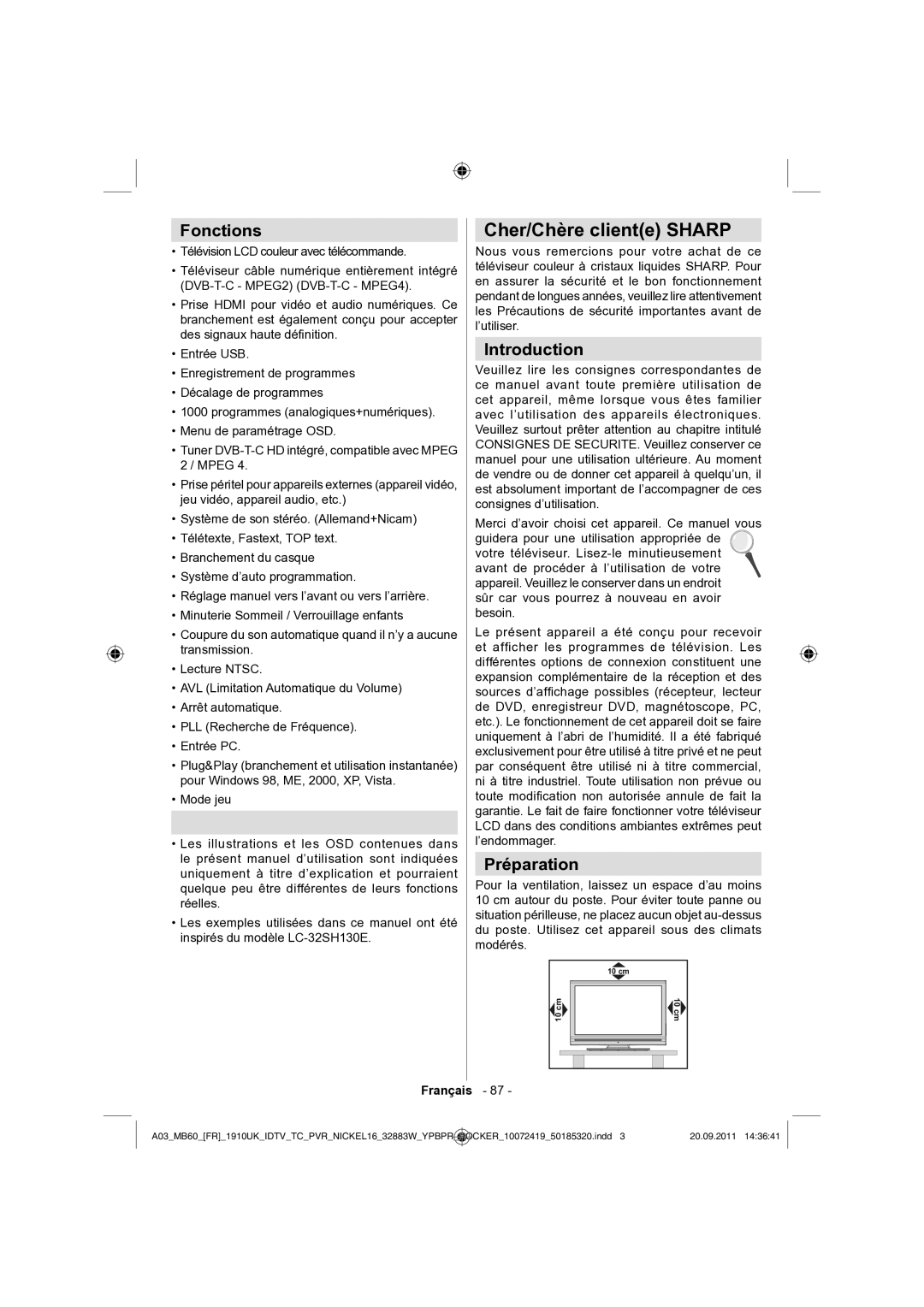 Sharp LC-32SH130E operation manual Cher/Chère cliente Sharp, Fonctions, Préparation 