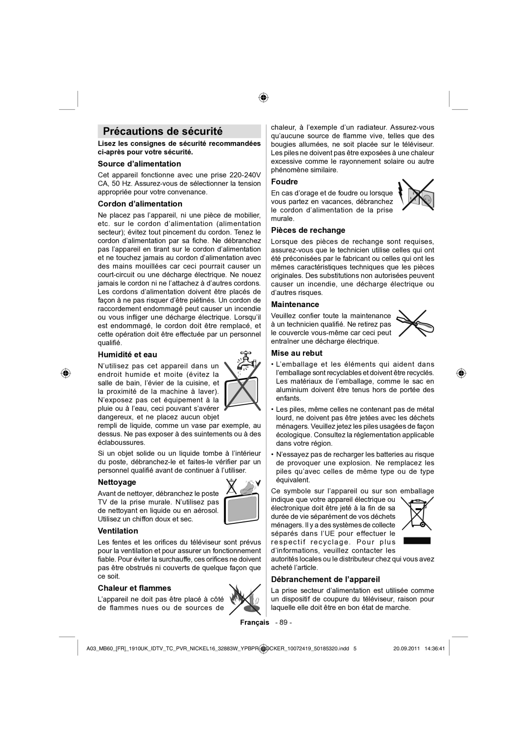 Sharp LC-32SH130E operation manual Précautions de sécurité 